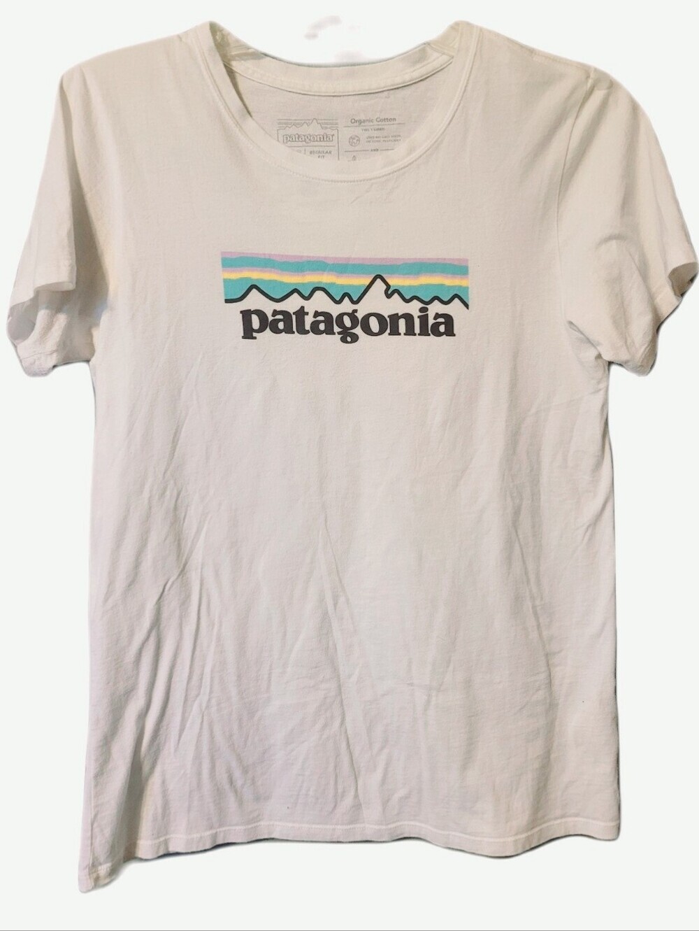 Patagonia White Tee Women's XS Pastel Mountain Stripe Logo Organic Cotton